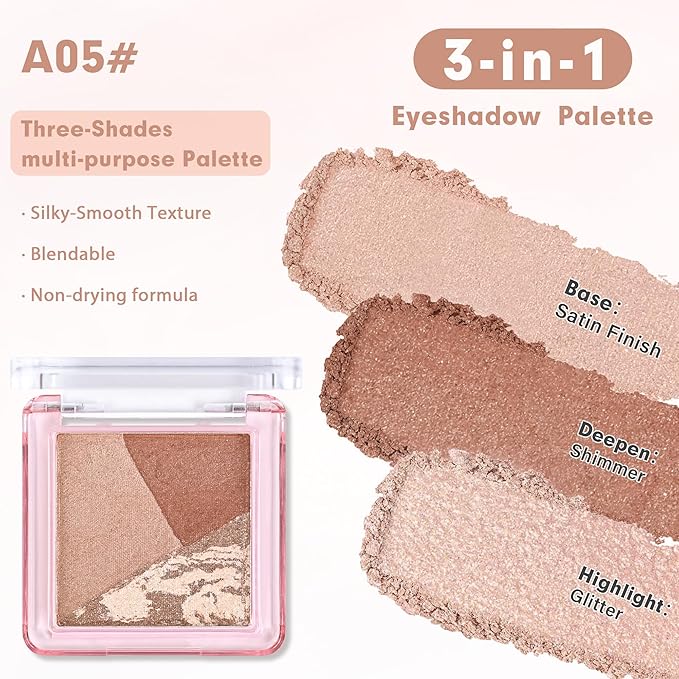 Eyeshadow Palette-Mini 3-in-1 Eye Shadow Powder Palettes Makeup-Matte&Shimmer Baked Eye Shadow for Women，paleta de sombras de ojos，Buildable Smooth Silky Waterproof for Daily Looks，05Taupe Brown