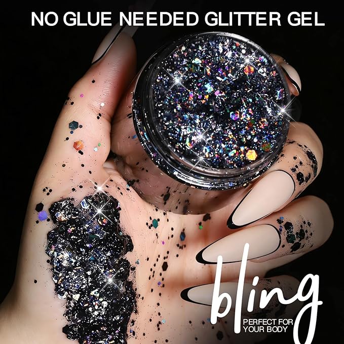Teenitor 80g Body Glitter Face Glitter Gel, Holographic Black Hair Glitter for Kids, Face Glitter for Women, Rave, Makeup, Festival, Eye, Hair Glitter Gel for Halloween