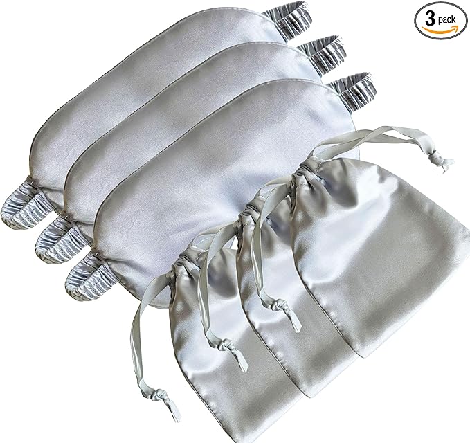 [3 Pack] QSYW Sleep Masks, Satin Eye Mask for Sleeping - Silky Eye Masks Bulk with Storage Bag & Elastic Strap,Silvery