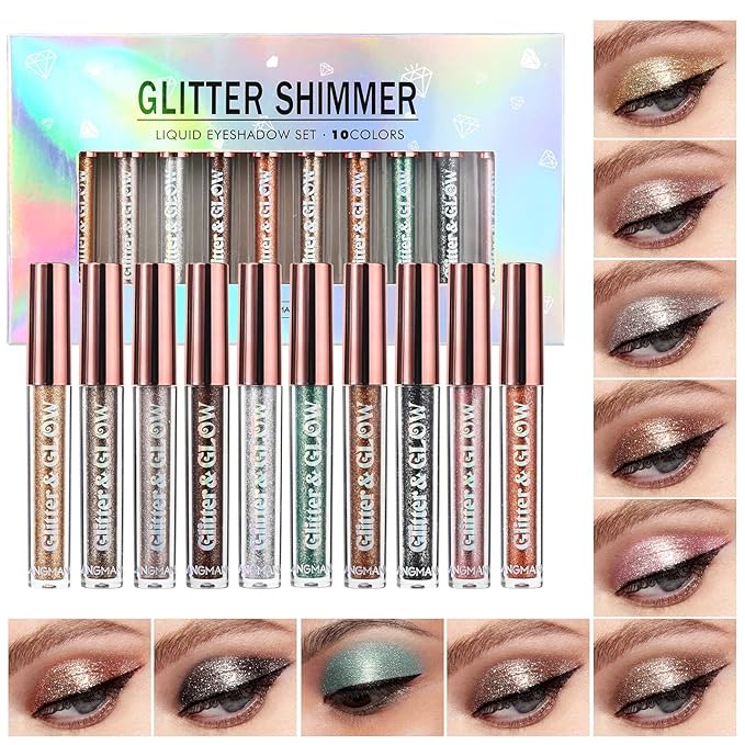 LANGMANNI 10 Pcs Liquid Glitter Eyeshadow,Metallic Shimmer Eyeshadow Sweatproof Makeup Set,Glitter Pressed All Highly Pigmented Blending Powder For Woman & Girl (10pcs)