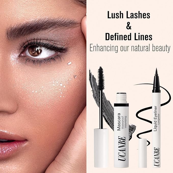 UCANBE Burgundy Mascara and Liquid Eyeliner Set, Waterproof Berry Red Colored Eye Makeup Duo - Enhance Your Gaze with Natural Lasting Lift & Curl for Lashes and Pigmented Smudge-Proof Eye Liner