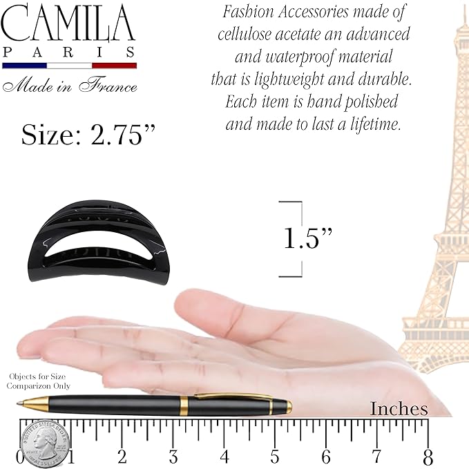 Camila Paris CP1564 French Hair Clip for Women Black Small Girls Hair Claw Clips Jaw Fashion Durable Styling Hair Accessories for Women, Strong Hold No Slip Grip, Made in France