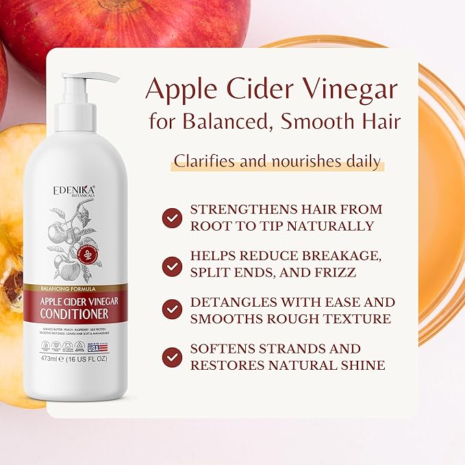 Edenika Botanicals Apple Cider Vinegar Conditioner Infused with Peach & Raspberry Oil, Hair Detangler & Hydration, ACV Hair/Scalp pH Balancing, For Locs & Curly, All Hair Types, Sulfate-Free, 16 fl oz