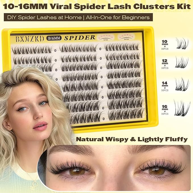 Spider Lash Clusters Kit Natural Fluffy Eyelash Clusters Kit Spider Breeze Cluster Eyelash Extensions 10-16MM D Curly Wispy Individual Lashes with Invisible Band for DIY Lash Beginners