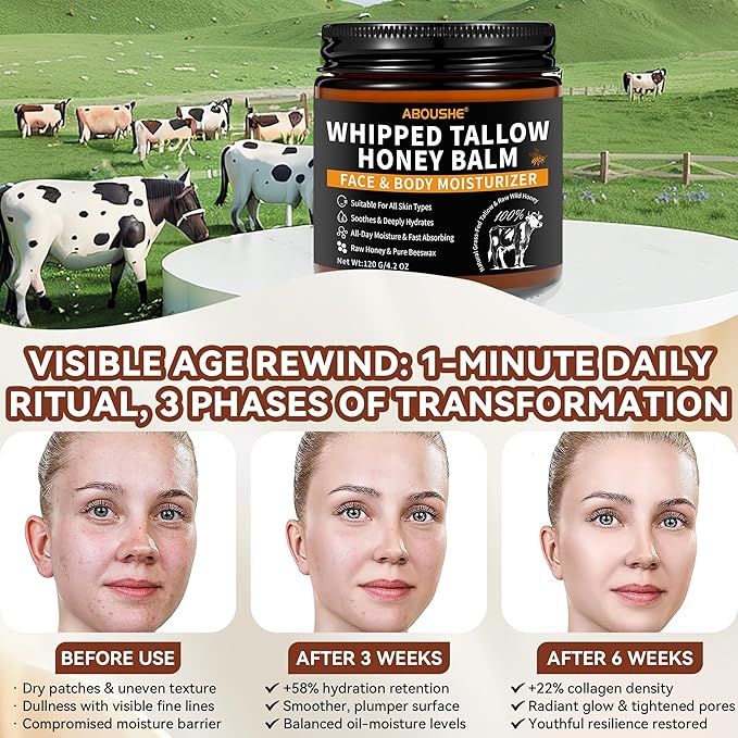 Beef Tallow for Skin - Organic Grass-Fed Whipped Beef Tallow and Honey Balm with Wild Honey & Beeswax, Beef Tallow for Face & Body Moisturizer, Natural Lotion for Sensitive and Dry Skin 4.2 oz
