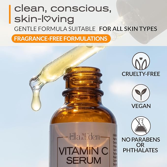 Ella & Eden Vitamin C Serum for Face - Hyaluronic Acid, Aloe Vera, Vitamin E, CoQ10 - Anti-aging, Skin Brightening - USA Made - Paraben-Free, Fragrance-Free, Suitable for All Skin Types - 1 Fl Oz