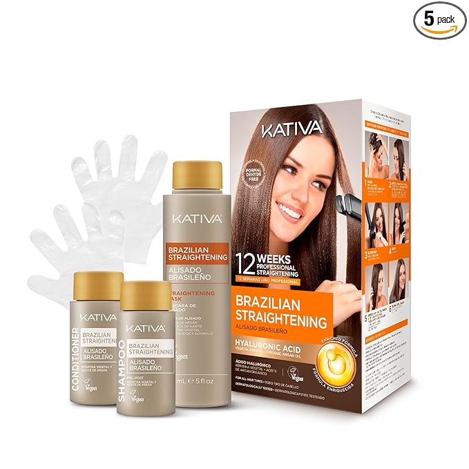 KATIVA Brazilian Keratin Treatment Kit at home Formaldehyde Free Hair Straightening with Hyaluronic Acid, Up to 12 Weeks Frizz Control for Curly, Wavy, Frizzy Hair (Straightening Kit)