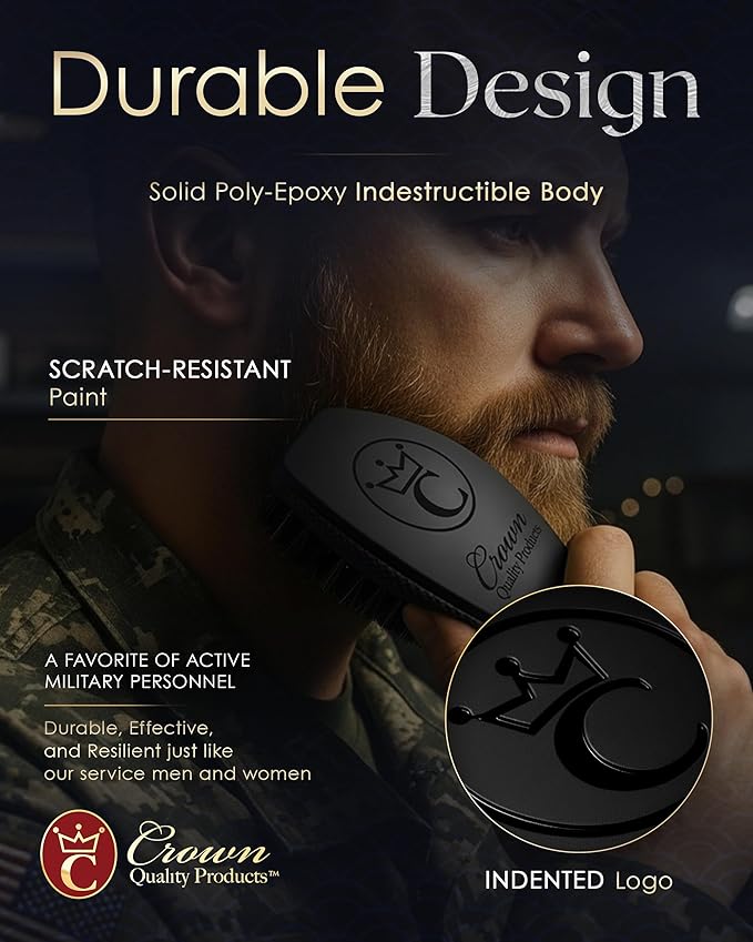 Crown Quality Products 360 Sport Wave Caesar 2.0 Boar Bristle Hairbrush, Medium, Triple Black - Non-Slip Grip, Waterproof Design - The Ultimate 360 Wave Brush