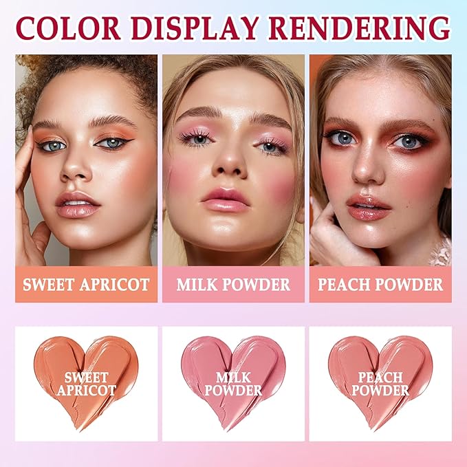 3 Colors Blush Stick,Solid Cream Blush,Multi-Use Blush Stick for Cheeks,Lips and Eye,High Pigmented Blush Makeup Stick Set B