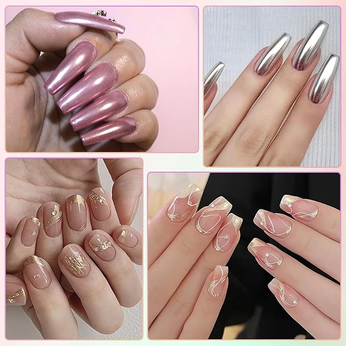 Gold Silver Chrome Nail Powder, DRMODE 6 Colors Metallic Mirror Effect Pink Light Purple Champagne Chrome Powder for Nails, Unicorn Iridescent Holographic Pigment Dust for Nail Art