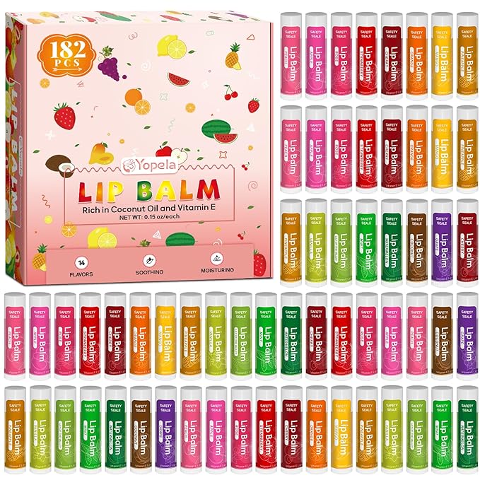 182 Pack Lip Balm Bulk, Natural Lips Balm with Vitamin E and Coconut Oil, Moisturizing Hydrating Soothing Dry Chapped Lips, Lip Moisturizer for Women Men,Holiday Party Favors Bulk Gift - 14 Flavors