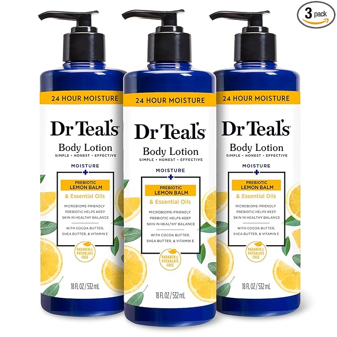 Dr Teal's Body Lotion, Lemon Prebiotic Lemon Balm & Essential Oils, 18 fl oz (Pack of 3)