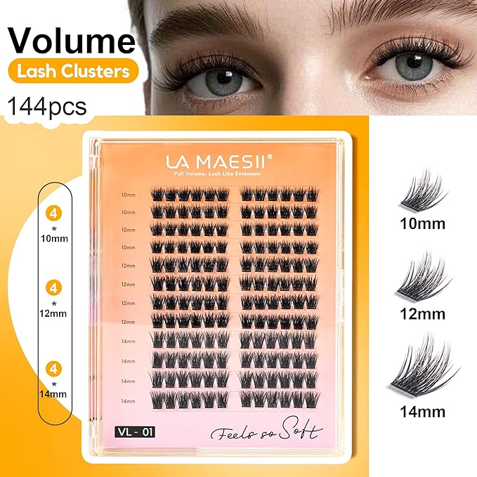 LA MAESII 144Pcs Lash Clusters, Volume Eyelash Clusters,10-14mm Individual Lashes Eyelash Extension,Large Tray(PL01)