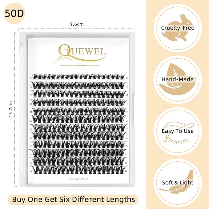 QUEWEL Cluster Lashes 240Pcs Individual Lash 50D 0.07 C Curl Mix8-14mm Lash Extensions Clusters Lashes Soft&Natural False Eyelashes Individual DIY Eyelash Extension at Home(50D 0.07C mix-8-14)