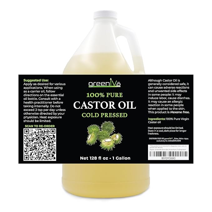 GreenIVe 100% Pure Castor Oil – Cold-Pressed, Hexane-Free – Hair, Eyebrows, Eyelashes, Skin Moisturizer, Castor Pack Wrap Oil Bulk Bottle (1 Gallon)