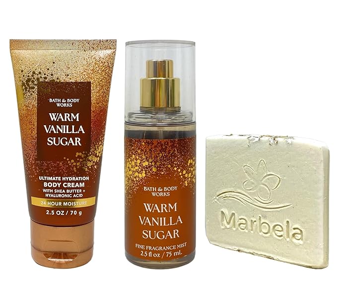 Bath & Body Works Warm Vanilla Sugar Mini Body Cream and Fragrance Mist Duo Set with a Natural Oats Sample Soap - Travel Size