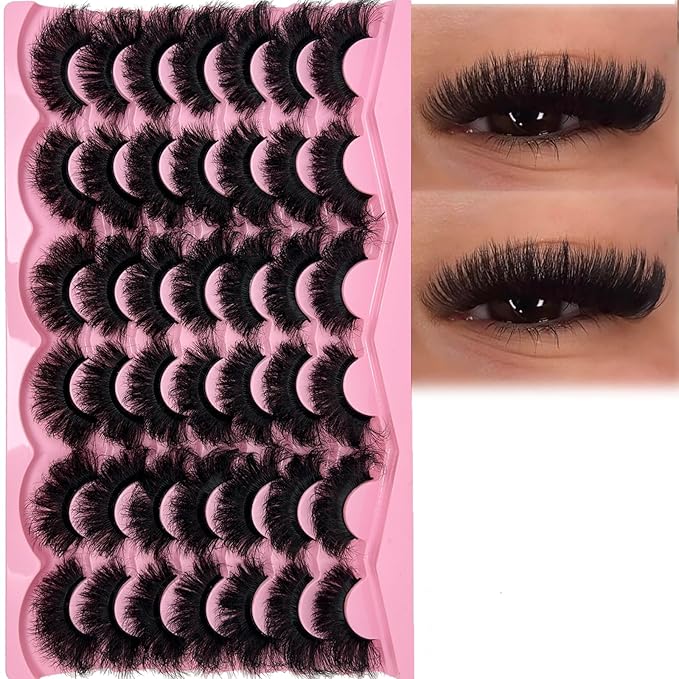 Mink Lashes Fluffy Big Dramatic Cat Eye Strip Lashes Pack D Curl 25mm Long 3D Volume Thick Faux Mink False Eyelashes Bulk 21 Pairs
