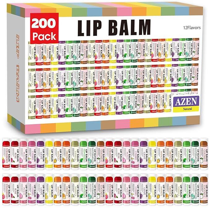 AZEN 200 Pack Lip Balm Bulk, Moisturizing Lip Balms for dry cracked lips, Mothers Day Gifts Easter Basket Stuffers - 12 Flavors
