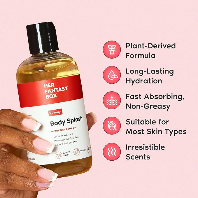 Her Fantasy Box | Body Splash Hydrating Body Oil (Yummy) - Moisturizing, Non-Greasy Formula for Soft, Smooth Skin - All-Natural, Lightweight & Nourishing (Pack of 2)