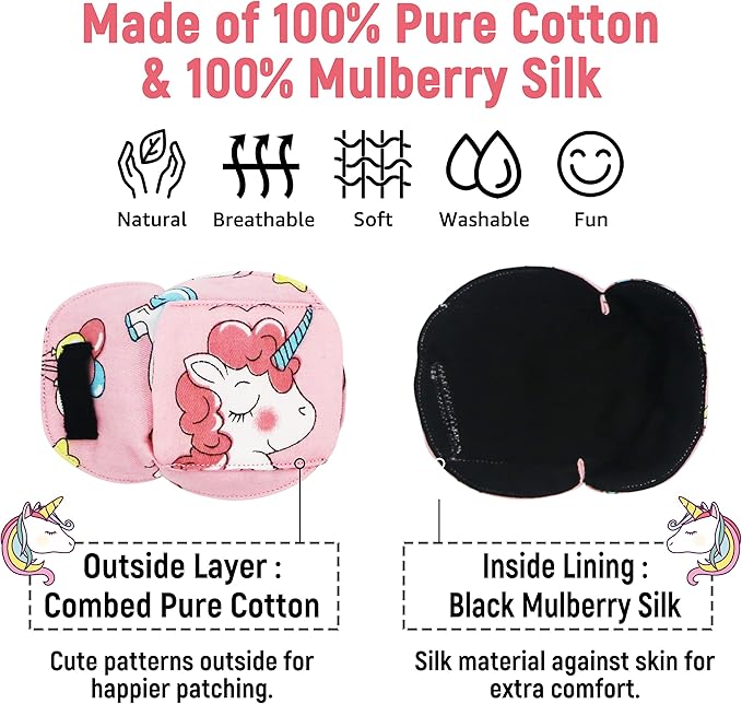 Astropic 3D Cotton & Silk Eye Patch for Kids | Girls Eye Patch for Glasses | Medical Eyepatch for Children with Lazy Eye (Pink Unicorn, Right Eye)