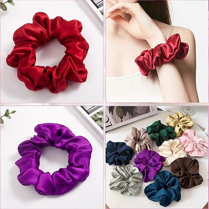 SALE 100% Pure Mulberry Silk Hair Scrunchies16 Momme silk scrunchies 100% Silk Hair Scrunchies Silk Hair Ties for Women Girls Curly Thick Thin Hair Women's Black Satin Sleep (2, 04 red & purple)