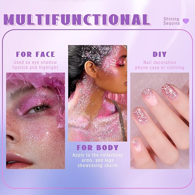 HOSAILY Roll-on Holographic Body Glitter Gel for Face Hair, Chameleon Color Changing Glitter Gel Under Light, Chunky Mermaid Sequins Festival Party Rave Accessories Shimmer Makeup (Pink)