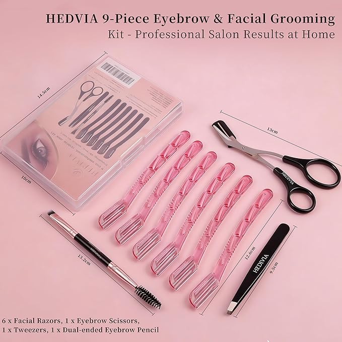 HEDVIA 9 Pcs Eyebrow Razor Kit for Women Shaping, Professional eyebrow Makeup Set with 6 Small Eyebrow Razors, 1 Eyebrow Scissors with Comb, 1Eyebrow Tweezers for Men, 1 Makeup Brushes(Pink Set)