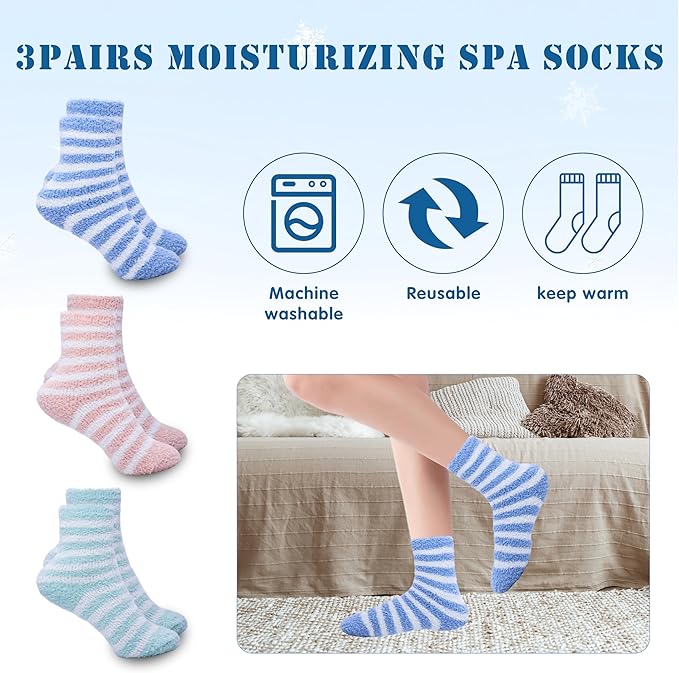 3 Pairs Aloe Socks Moisturizing Spa Socks for Dry Cracked Feet, Sleeping Fuzzy Socks Non Slip Lotion Socks for Women Men Spa, Foot Care Socks for Repairing Softening Dry Cracked Heel