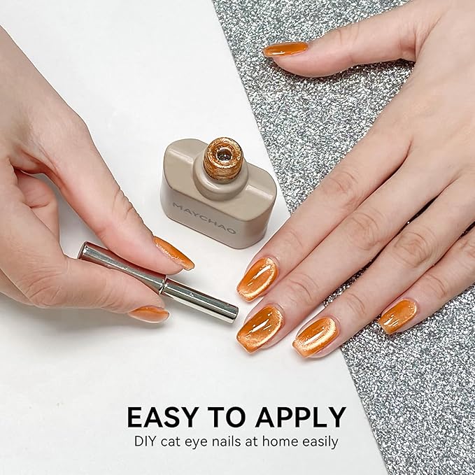 MAYCHAO 15ML Fall Amber Cat Eye Gel Nail Polish 1Pc Amber Brown Cat Eye Gel Polish Soak off Holographic Magnetic Nail Polish for Nail Art Manicure Salon DIY at Home, 0.5 OZ
