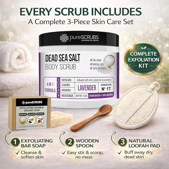 pureSCRUBS Premium Lavender Body Scrub Set - Large 16oz Dead Sea Salt Body Scrub With Infused Essential Oils & Nutrients, Includes Wooden Spoon, Loofah & Oatmeal Exfoliating Bar Soap