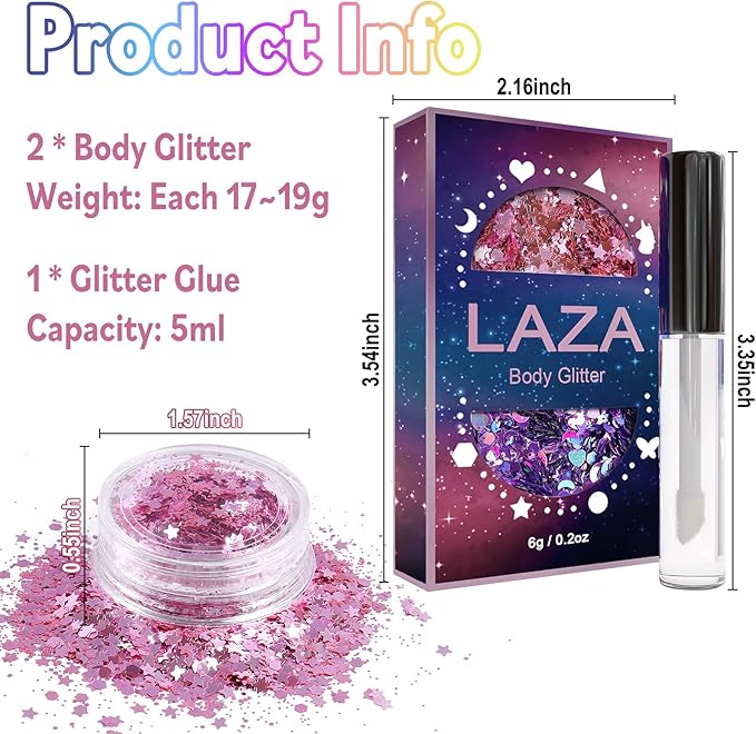 Laza Body Glitter, 2 Jars Holographic Chunky Sequins with Glitter Glue Perfect for Women Eyeshadow Makeup Face Paint Festival Rave outfits Hair Accessories Carnival Party Costumes - Bright Gold Silver