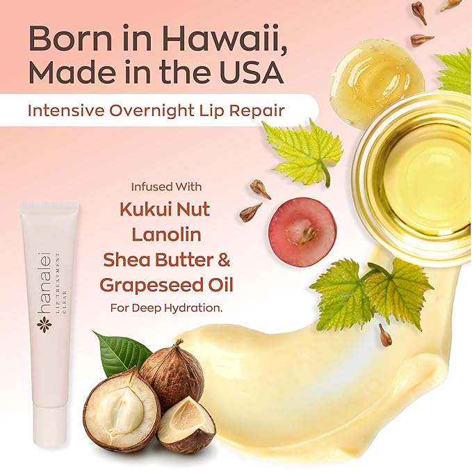 Hanalei Lip Treatment for Dry, Chapped Lips – Intensive Overnight Moisturizer with Kukui Oil, Shea Butter & Grapeseed Oil – Hydrating Balm for Healing Cracks – Mauve Pink Tint, 15g – Cruelty-Free