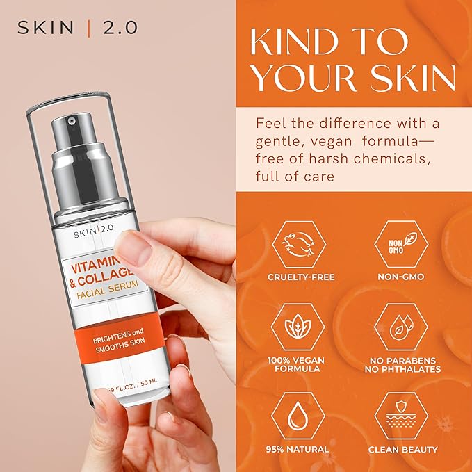Skin 2.0 Vitamin C Serum - Dermatologist Tested, Anti-Aging & Dark Spot Remover - Brightening, Clean Beauty, Cruelty-Free, Korean Skincare for Glass Skin, All Skin Types - 1.69 Fl. oz