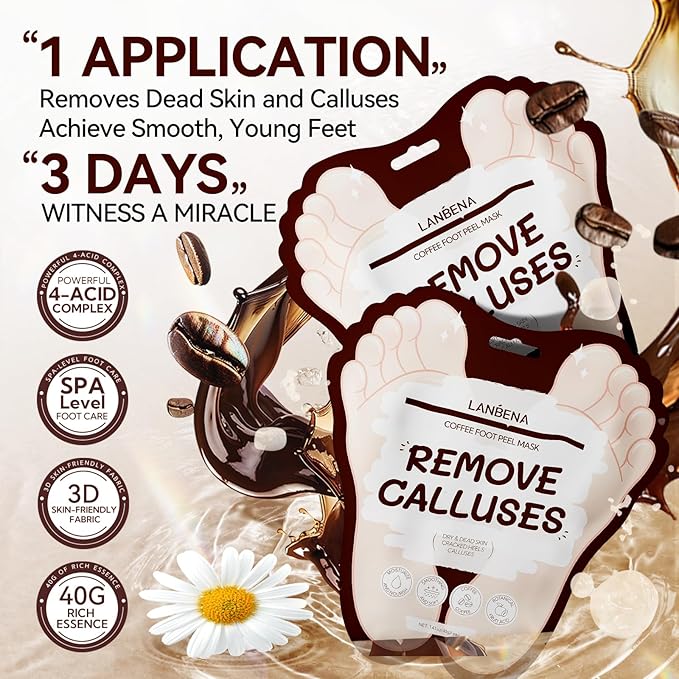 LANBENA Coffee Foot Peel Mask, Exfoliator Peel Off Calluses Dead Skin Callus Remover, Repair Rough Heels & Get a Smooth Skin for Men and Women(2 Pairs)