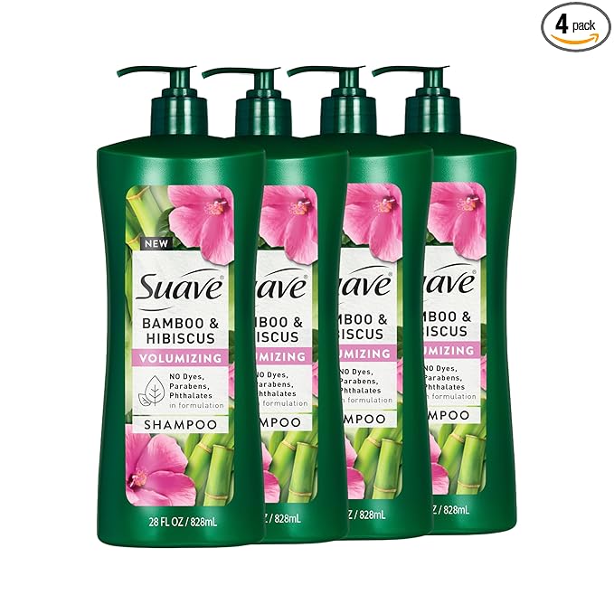 Suave Bamboo & Hibiscus Volumizing Shampoo, for Fine and Flat Hair, Salon Proven System for Boosting Hair Volume and Body, 28 oz, 4 Pack