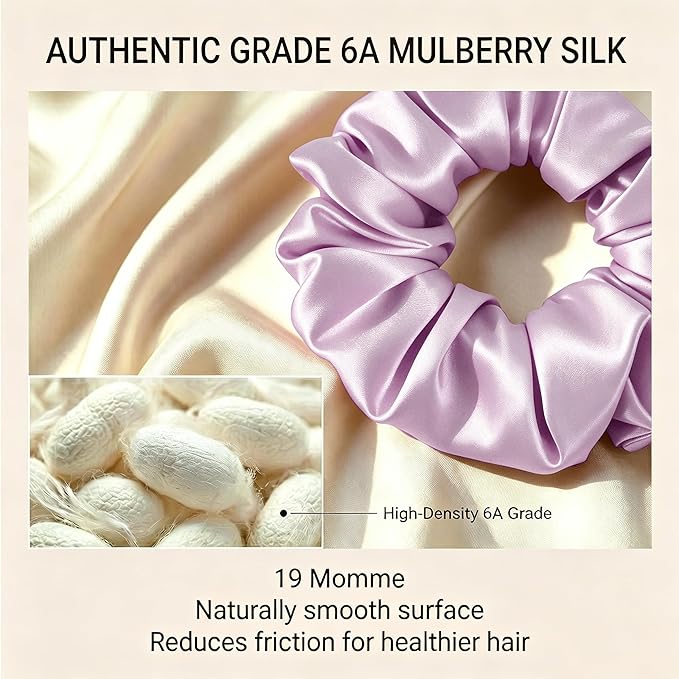 ZLYC 100% Mulberry Silk Scrunchie 19 Momme Gentle Creaseless Hair Tie for Women Dent-Free Ponytail Holder, 3.5cm Solid Light Purple