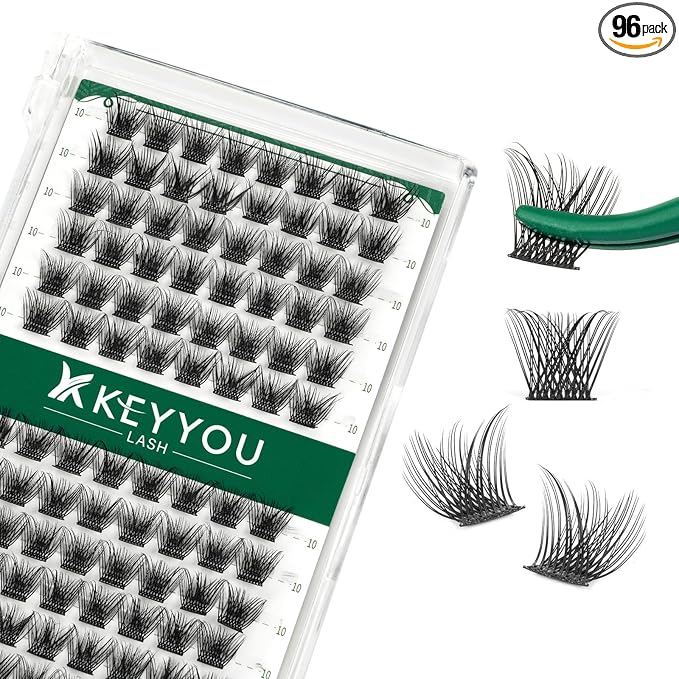 Lash Clusters 96pcs Individual Lashes D Curl 10mm Cluster Lashes KEYYOU Volume Wispy Lash Extension Soft&Comfortable Easy DIY at Home(Y03 D-10mm)
