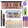 All in One Makeup Set For Women Full Kit - 12 Colors Eyeshadow Palette, Black Mascara Eyeliner Pen, 3pcs Matte Liquid Lipstick, Eyebrow Soap Gel Kit, 12 pcs Brushes & Sponge with Makeup Bag Gift Set