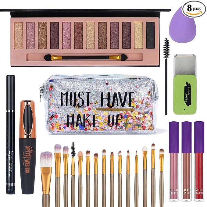 All in One Makeup Set For Women Full Kit - 12 Colors Eyeshadow Palette, Black Mascara Eyeliner Pen, 3pcs Matte Liquid Lipstick, Eyebrow Soap Gel Kit, 12 pcs Brushes & Sponge with Makeup Bag Gift Set