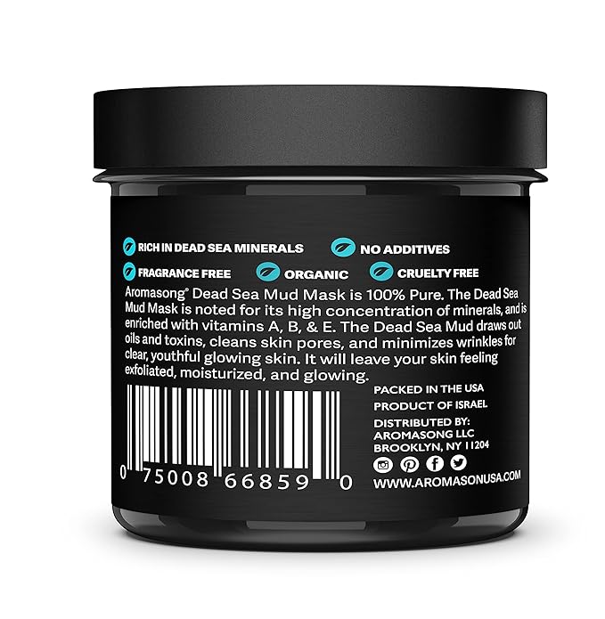 Aromasong 100% Pure Dead Sea Mud Mask for Face and Body - Spa Quality Pore Minimizer for Face & Oily Skin, Cleansing Natural Skin Care for Women and Men - 8 oz