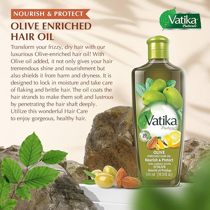 Vatika Naturals Olive Enriched Hair Oil - Nourish & Protect - Strong, Healthy Hair - Lightweight, Non-Greasy - Infused with Natural Olive Extracts - Moisturizing & Strengthening - Pack of 3 (300ml)