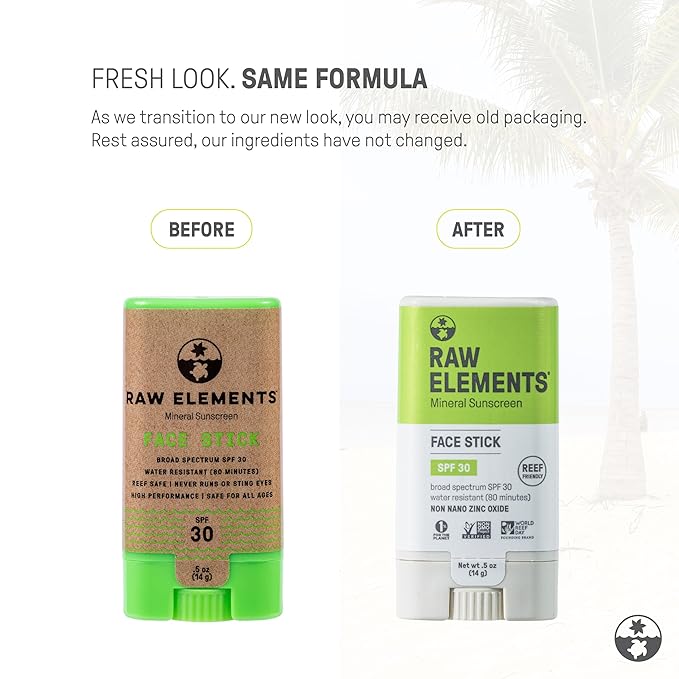 Raw Elements Face All-Natural Mineral Sunscreen Stick, Non-Nano Zinc Oxide, 95% Organic, Water-Resistant 80 Min, Reef Safe, All Ages Safe, SPF 30+, Travel Sunblock 0.5 oz