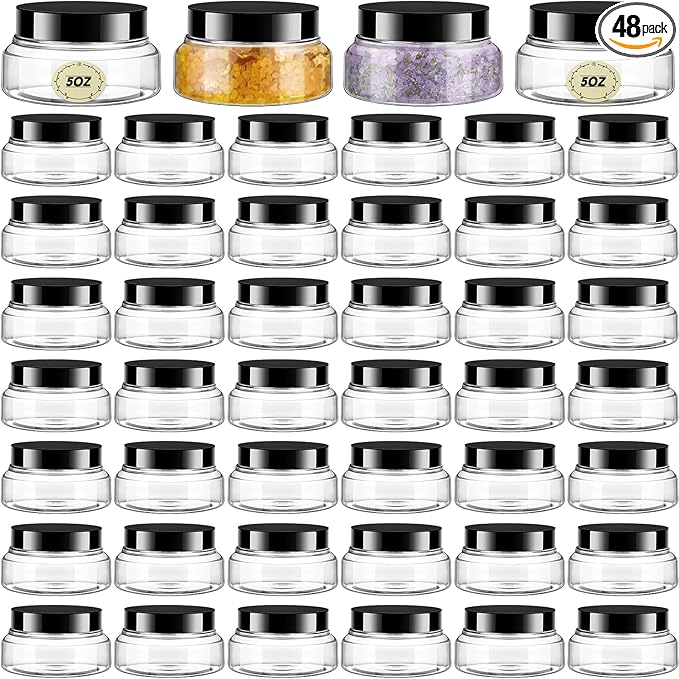 Tessco for you 48 Pack Plastic Jars with Lids Labels Multiuse Slime Containers Empty Body Scrub Jars Round Refillable Cosmetic Body Butter Container for Makeup (5 oz,Clear)