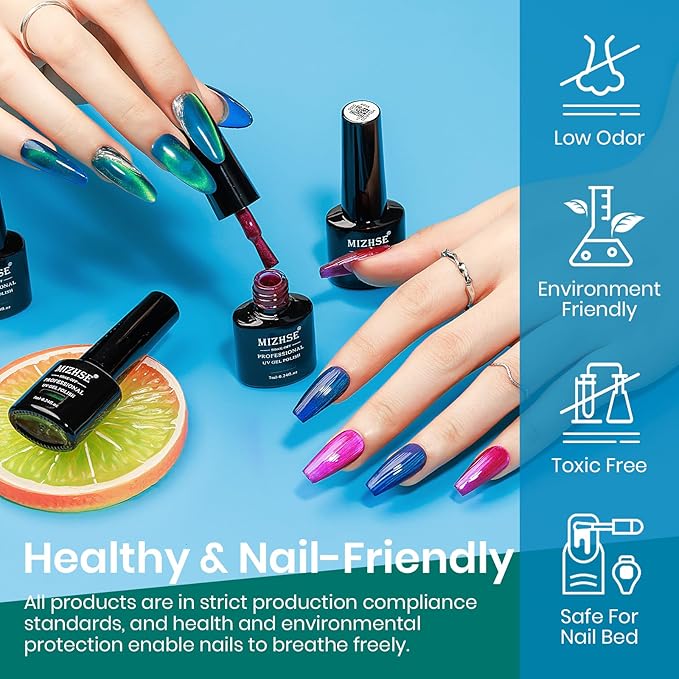 MIZHSE Cat Eye Gel Nail Polish Set, 6 Colors Colorful Magnetic Gel Nail Polish with Magnet Stick, Neon Colors Pink Green Yellow Red Cateye Polish Soak Off Nail Art Manicure Home