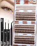 Zegaine Brown Lash Clusters Kit Dark Brown Lashes With Bottom Eyelash Clusters 300Pcs Natural Brown Lash Extensions Wispy Lash Clusters Kit With Lash Bond&Seal, Lash Tweezers 10-16MM