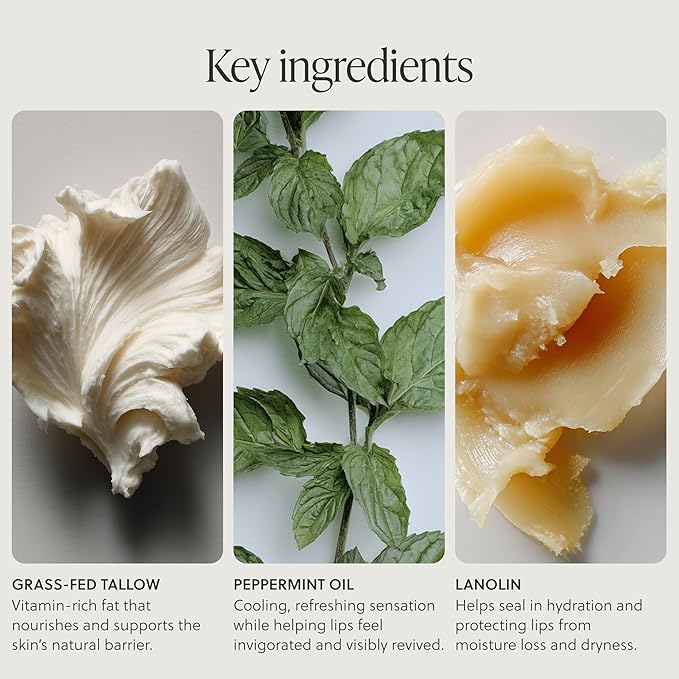 Grass-Fed Tallow Lip Balm, Lip Sleeping Mask, Overnight Moisturizer, Natural & Clean Moisturizing Lip Balm Vitamins A, D, E, & K, Nourishes and Smooths Dry & Chapped Lip (Peppermint)