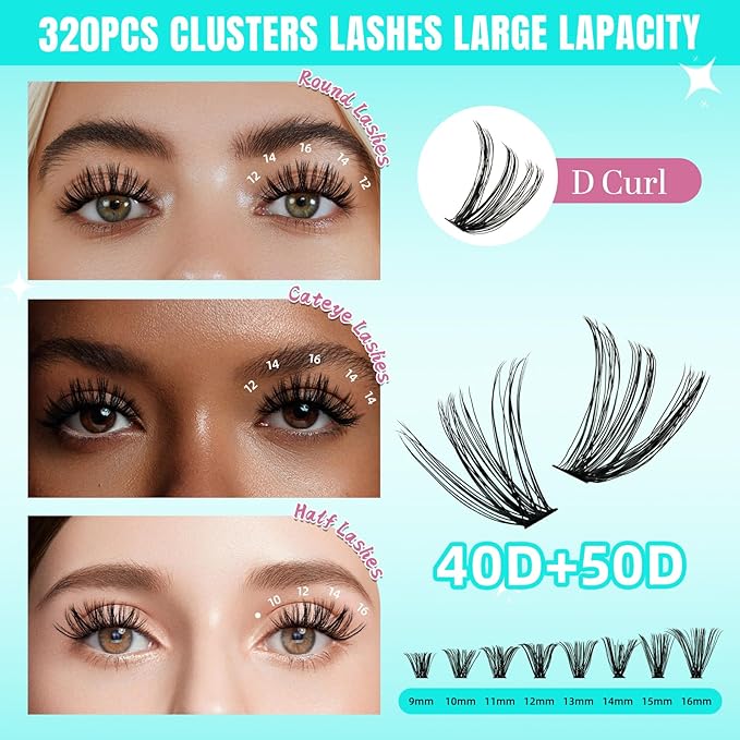 Lash Clusters 320Pcs 40 50D Eyelashes Cluster D Curl Individual Wispy Lashes Cluster for DIY Cluster Eyelash Extensions at Home for Beginners (Mix9-16mm)