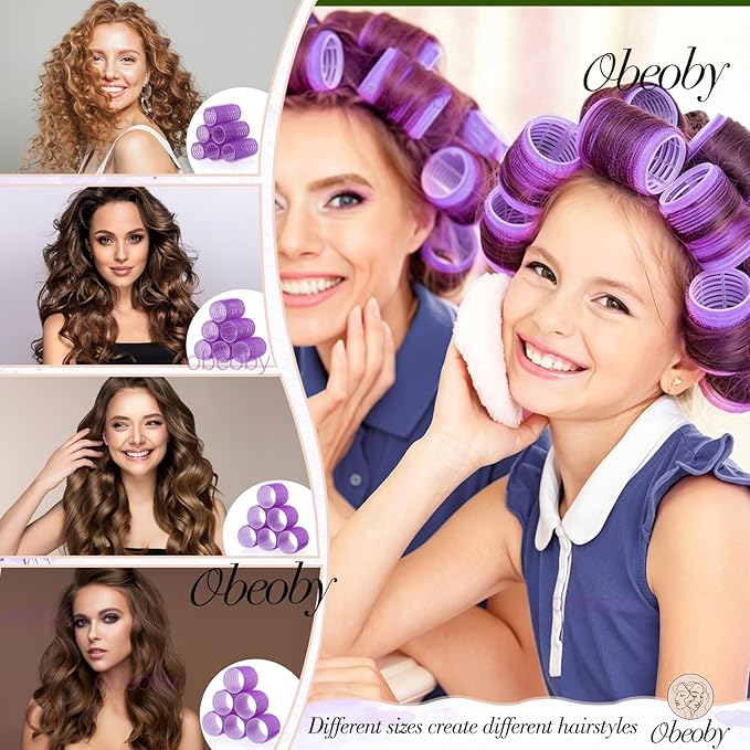 obeoby 4 Sizes Rollers Hair Curlers, 50 Pcs Set Jumbo Hair Rollers 25mm 36mm 48mm 60mm Self-Grip Hair Rollers with Clips, Curlers for Women Long, Short Hair and Bangs (Purple)