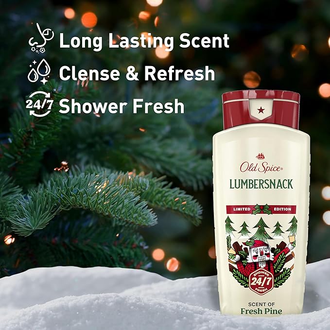 Old Spice Body Wash for Men, Holidudes Holiday Edition, 24/7 Holiday Freshness, Lasting Scent and Rich Lather, Stocking Stuffer, Lumbersnack with Fresh Pine Scent, 16 oz (Pack of 4)