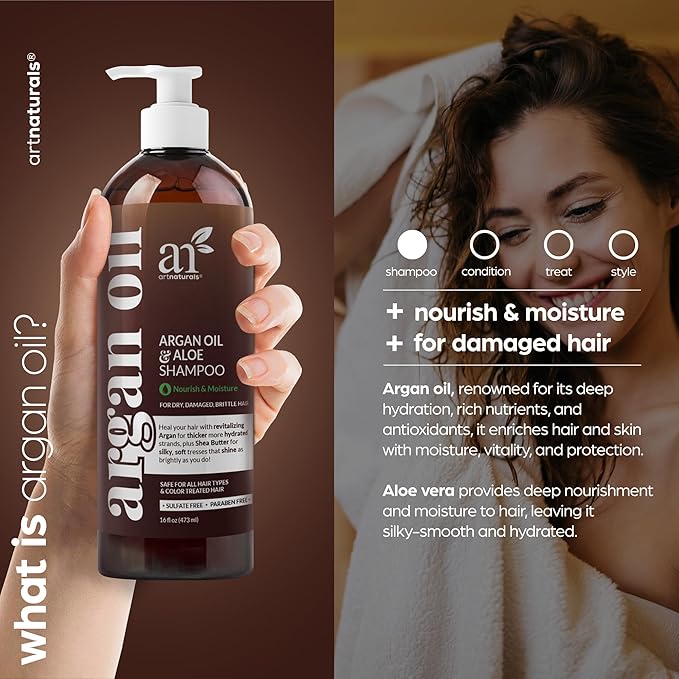 Artnaturals Moroccan Argan Oil Shampoo - (16Fl Oz) - Moisturizing, Volumizing Sulfate Free Shampoo for Women, Men and Teens - Used for Colored and All Hair Types, Anti-Aging Hair Care